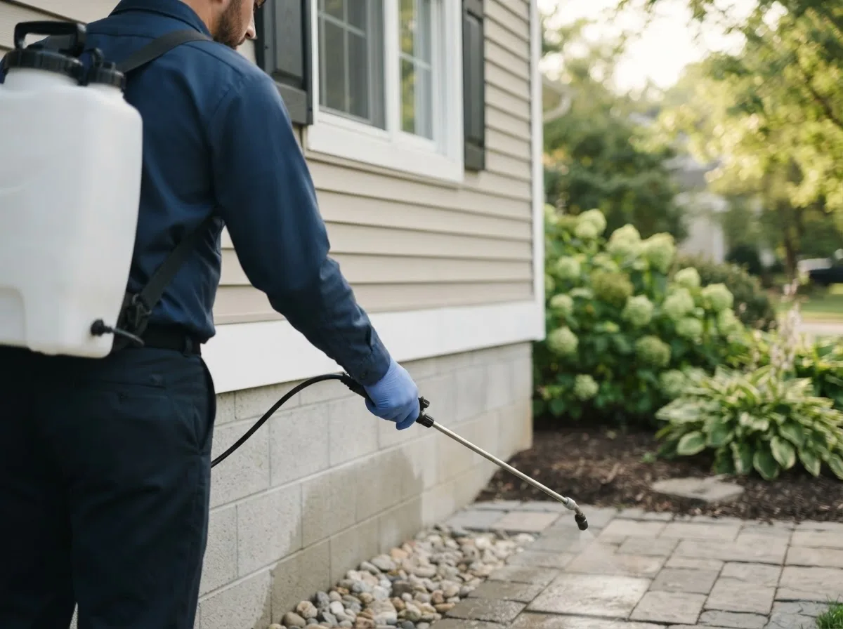 Pest control technician inspecting a home in Richards, MO
